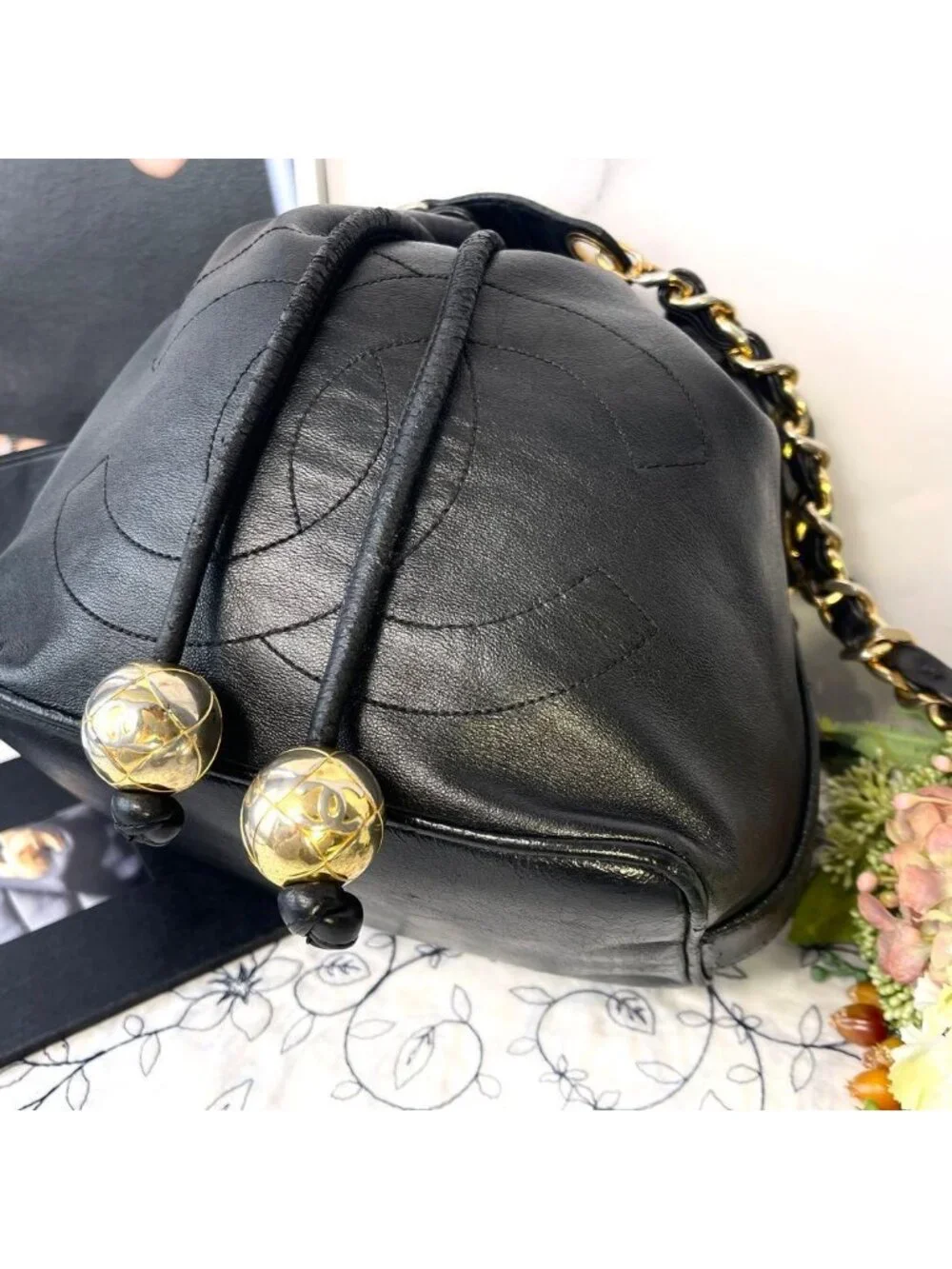 Chanel Jumbo CC Logo Drawstring Black Chain Shoulder